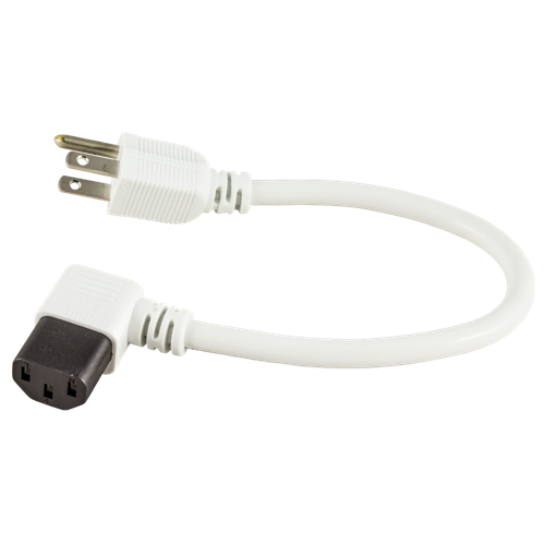 Power Cord, IEC 60320 Right Angle Plug 3 prong NEMA plug, 1' white