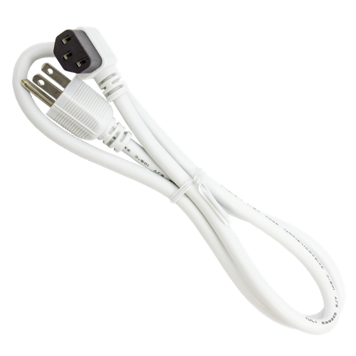 Power Cord, IEC 60320 Right Angle Plug 3 prong NEMA plug, 3' white